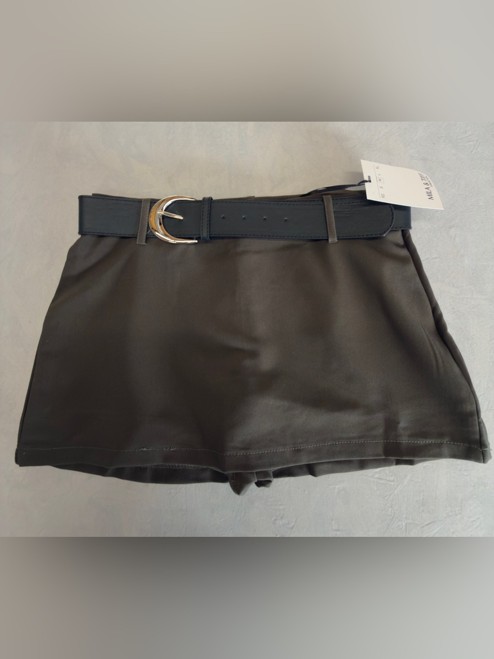Brown Faux Leather Mini Skort with Buckle Belt